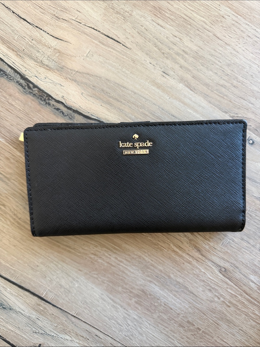 kate spade Black Saffiano Zip Wallet with Gold Logo